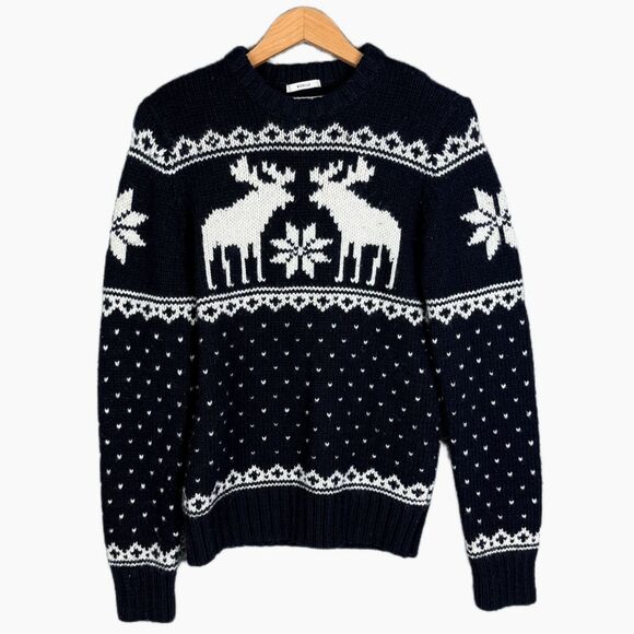 Abercrombie & Fitch Men’s M Fair Isle Christmas Moose Sweater Navy Wool Blend - Picture 1 of 8